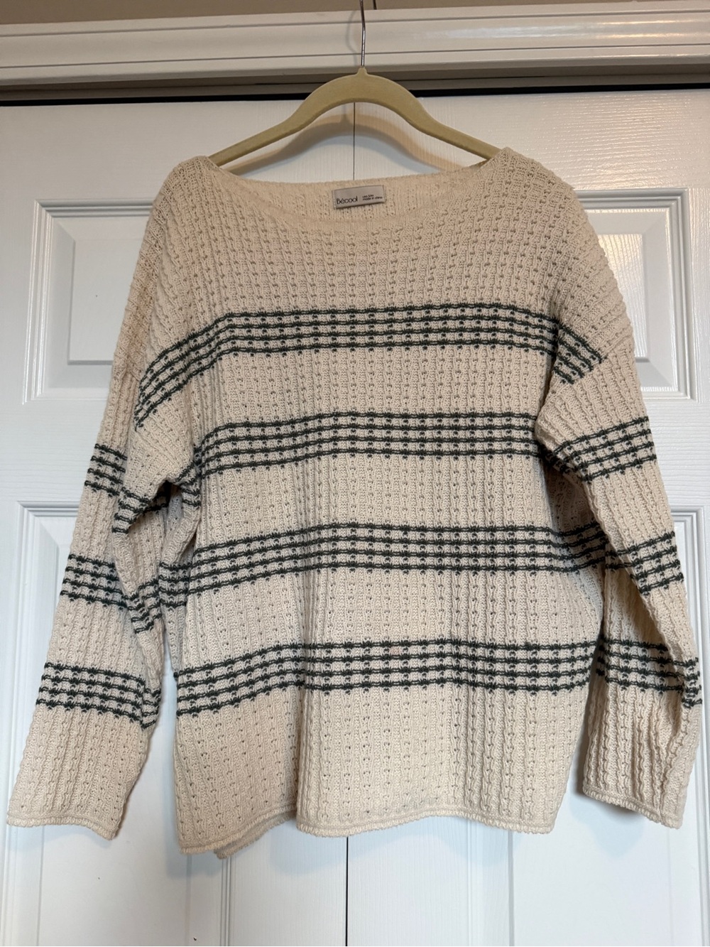 Cozy Striped Knit Sweater - Cream with Dark Green Stripes